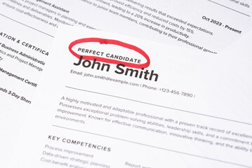 Obraz premium Fake mock CV (curriculum vitae) resume for John Smith, selected by HR as the perfect candidate for a job. Concept of job search, employee selection, recruitment process, work and hiring.