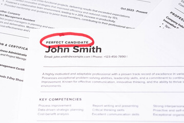 Obraz premium Fake mock CV (curriculum vitae) resume for John Smith, selected by HR as the perfect candidate for a job. Concept of job search, employee selection, recruitment process, work and hiring.