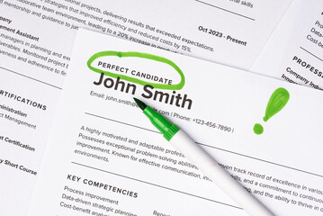 Fake mock CV (curriculum vitae) resume for John Smith, selected by HR as the perfect candidate for a job. Concept of job search, employee selection, recruitment process, work and hiring.