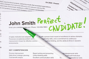 Fake mock CV (curriculum vitae) resume for John Smith, selected by HR as the perfect candidate for a job. Concept of job search, employee selection, recruitment process, work and hiring.