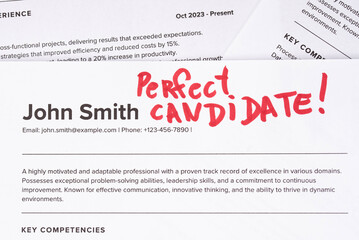 Fake mock CV (curriculum vitae) resume for John Smith, selected by HR as the perfect candidate for a job. Concept of job search, employee selection, recruitment process, work and hiring.