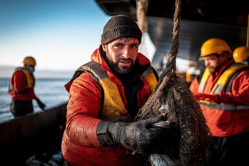 A fisherman onboard a vessel pulls up a tangled fishing net, showcasing the challenges and realities of the fishing industry, highlighting marine debris and pollution issues.