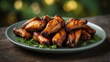 Grilled chicken wings on green background Deliciously cooked and golden brown.