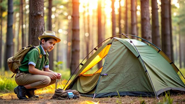 A family camping in a tent in a forest with a child and a couple enjoying their summer vacation