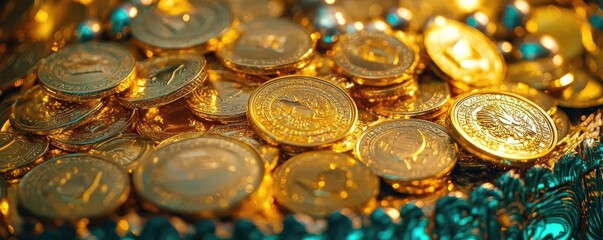A close-up view of glittering gold coins stacked together, showcasing their shiny surfaces and intricate designs.