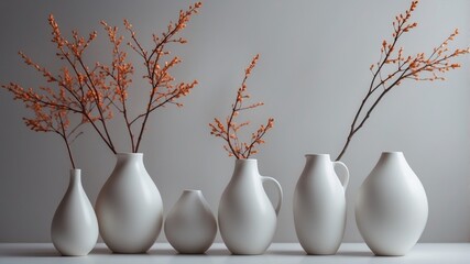 Minimalist Decor with White Vases and Branches.