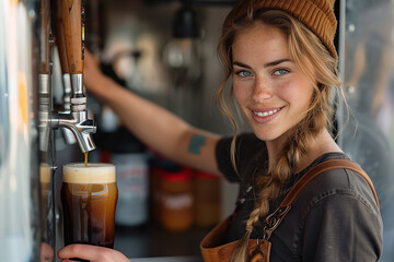 woman bartender pouring a pint of beer in a pub