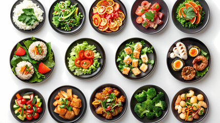 set of plates of food isolated on a white background, top view