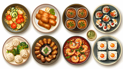 set of plates of food isolated on a white background, top view
