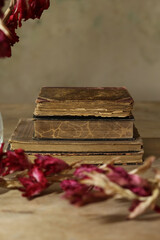 a still life with a pile of vintage books and dried red flowers