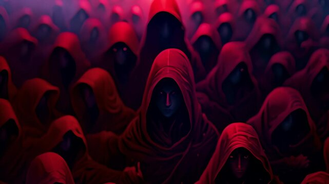 Group of mystery people in a red hooded cloaks. Generative Ai