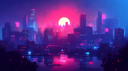 Flat design of a futuristic city using neon colors and dark contrasts