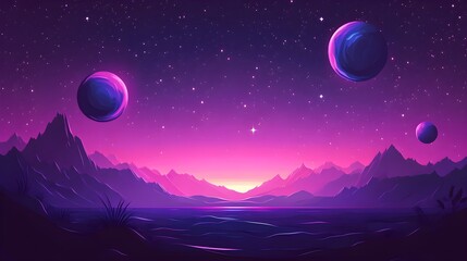 Fototapeta premium Flat design of a space scene with deep purples and vibrant neons