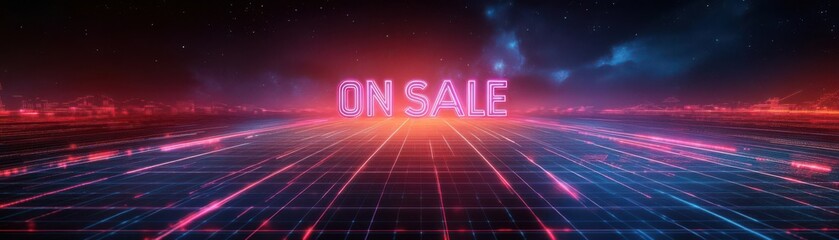 Naklejka premium Neon sign spelling ONSAE on a futuristic grid background.