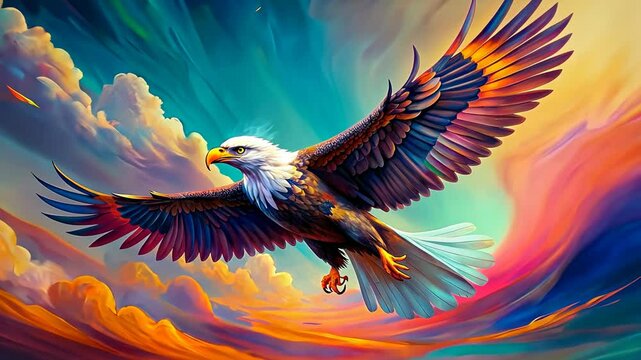 Majestic Eagle Soaring Through Colorful Sky.