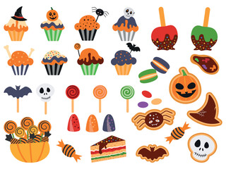 Halloween sweets and pastries set. Cute Halloween sweets, skull, bat cupcakes, lollipops, desserts