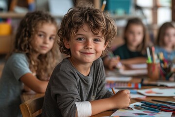 Fototapeta premium A young child wearing a gray shirt is seated at a table filled with markers and paper, focused on crafting an art piece in a bustling classroom environment.