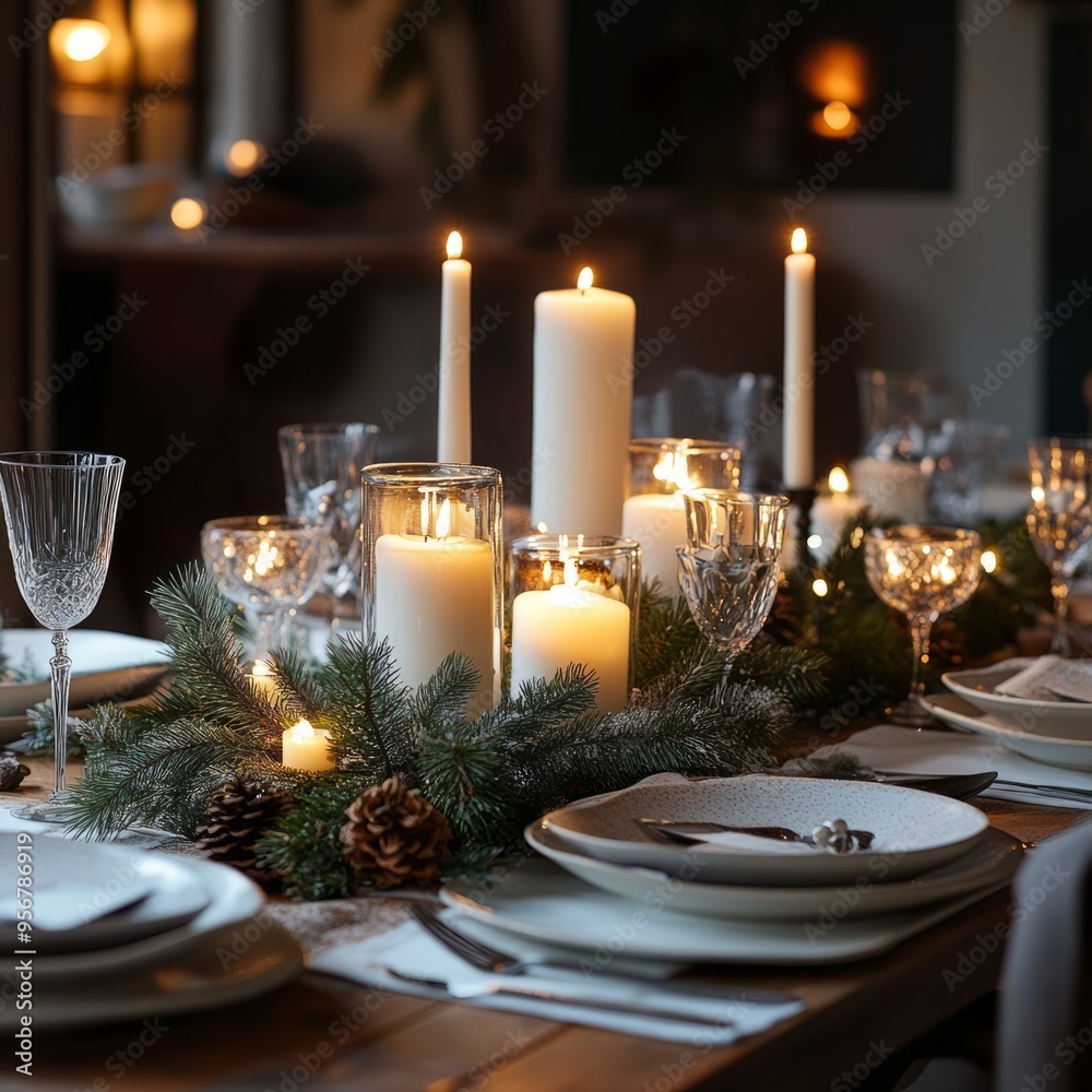 Sticker Festive table setting with candles, pine branches, and pinecones.