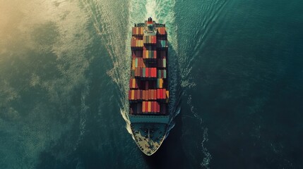 Aerial perspective of a large, container-filled cargo ship traveling over the sea. Emphasizes the extensive logistics of sea freight and the industrial transportation process.