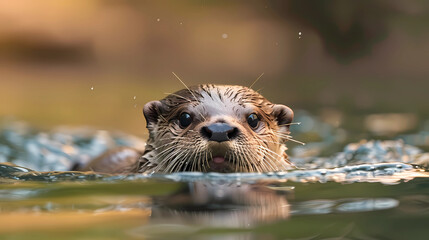 Naklejka na ściany i meble Delightful baby otter swimming in a forest pond