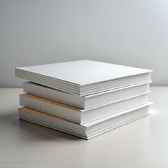 A stack of four blank white books on a light wooden surface.
