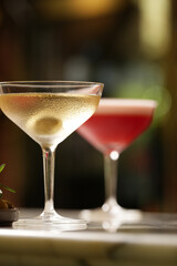 Set of various cocktails on bar counter. Assortment of alcoholic cocktails on restaurant bar