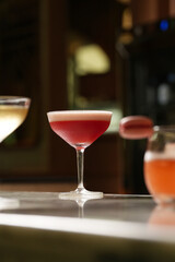 Set of various cocktails on bar counter. Assortment of alcoholic cocktails on restaurant bar