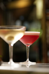 Set of various cocktails on bar counter. Assortment of alcoholic cocktails on restaurant bar