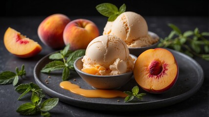 Peach ice cream served in fresh peach halves with herbs garnish on slate tray.