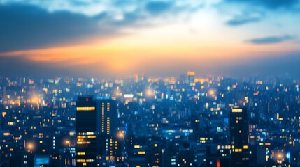 Obraz premium A vibrant city skyline at dusk, illuminated by countless lights against a colorful sky.
