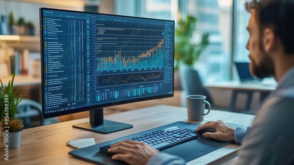 Aufkleber an expert is deeply engaged in data analysis on a large screen at a tidy desk, equipped with a keybo