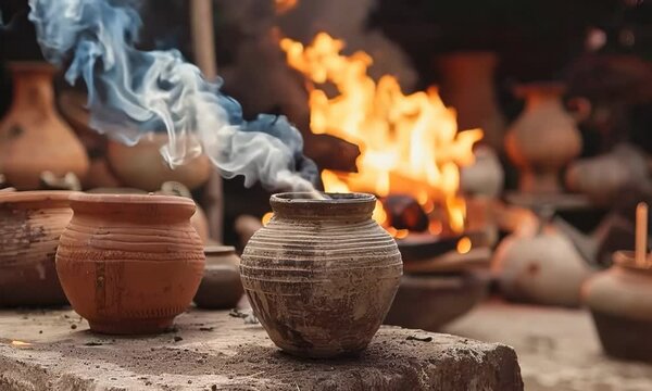 Outdoor pottery firing demonstration, potters and kiln firing, 4K hyperrealistic video