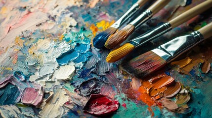 Fototapeta premium Palette with paints and brushes on colorful background, top view.