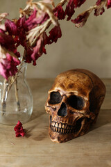 Still life with human skull and dry flowers on wooden background. Halloween concept	