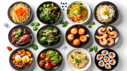set of plates of food isolated on a white background, top view