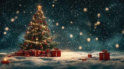 Obraz premium Winter night scene with a majestic Christmas tree and a variety of gift boxes scattered on snowy ground