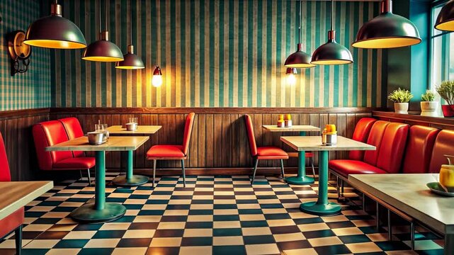 Retro Diner Interior with Checkered Floor.