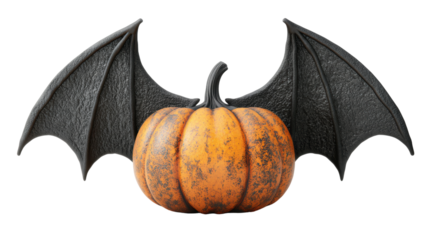 A whimsical Halloween pumpkin with bat wings, perfect for seasonal decorations and festive themes.