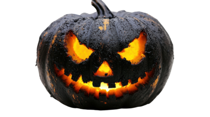 A spooky Halloween pumpkin with a carved face, glowing orange light shining through for an eerie atmosphere.