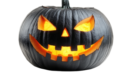 A spooky Halloween pumpkin with a sinister grin, glowing orange from within, perfect for festive decorations or seasonal themes.
