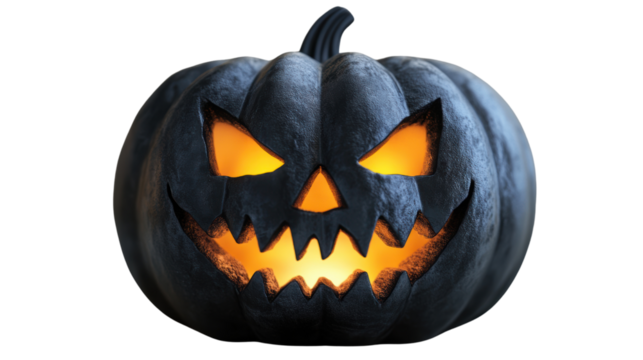 A spooky Halloween pumpkin with glowing orange eyes and a menacing grin, perfect for festive decorations and autumn celebrations.