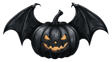 A spooky black pumpkin with bat wings and a mischievous grin, perfect for Halloween decorations and creative designs.