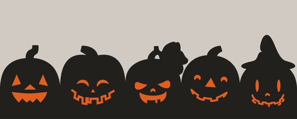 Spooky halloween pumpkin border on light gray background, vector illustration