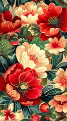 Fototapeta premium Red and white traditional hand drawn floral illustration poster background