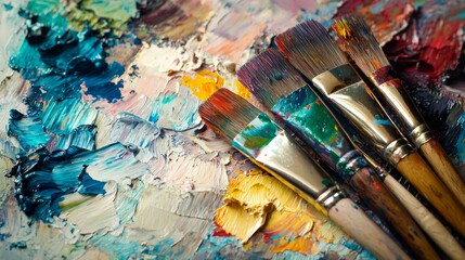 Obraz premium Palette with paints and brushes on colorful background, top view.