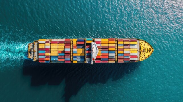 Aerial view of a large cargo ship filled with containers, journeying across the ocean. Showcases the scale and logistics of industrial sea freight transportation