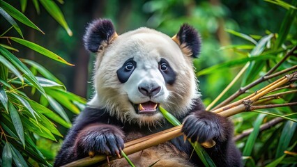 Obraz premium Playful panda bear happily munching on bamboo in a lush forest setting , Panda, bear, bamboo, forest, lush, greenery, playful