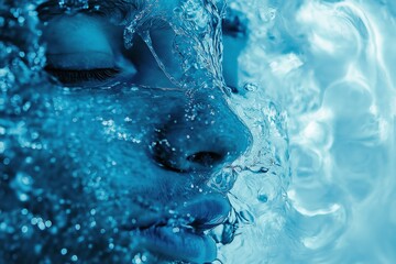 Fototapeta premium A close-up of a woman underwater with blue and white swirls depicting water flowing smoothly