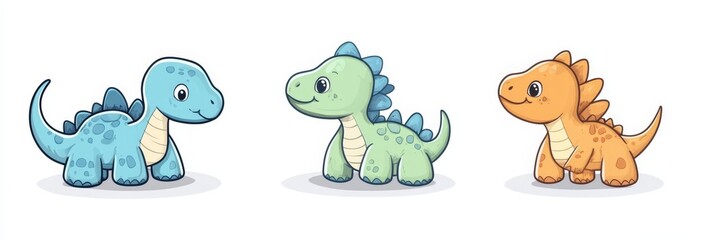 Obraz premium Three cute cartoon dinosaurs illustrated in a playful doodle style on a white background