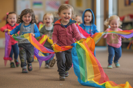 A group of toddlers dancing with colorful ribbons in a cheerful movement class at the WeeFestival